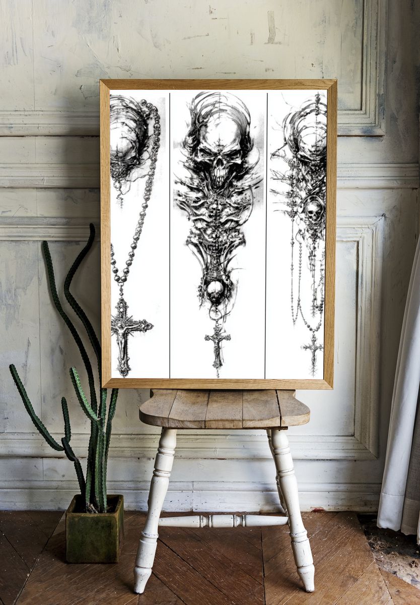 Gothic Skull Rosary Illustration Poster. — room view 1