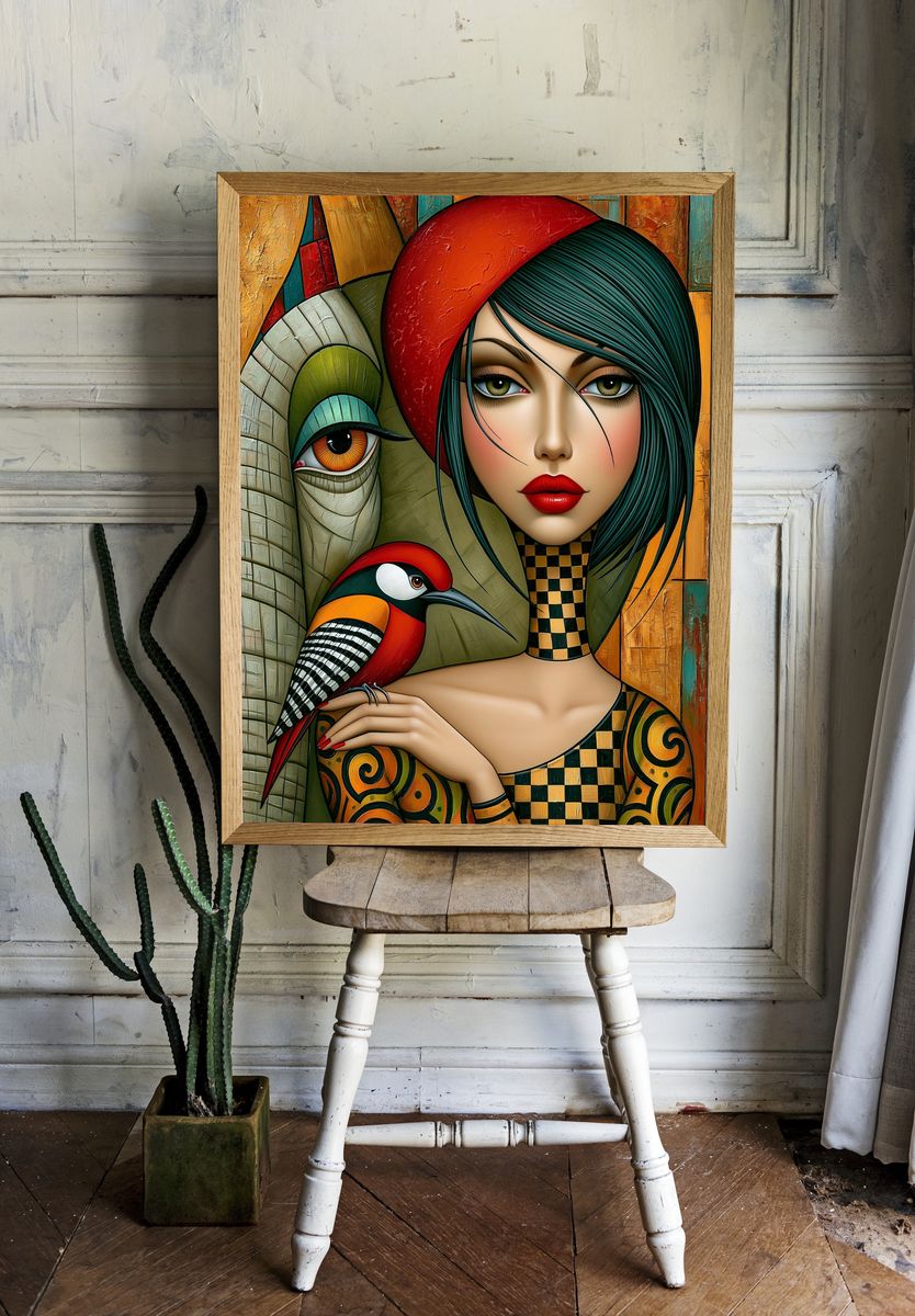 Surreal Woman and Bird Illustration Poster. room preview