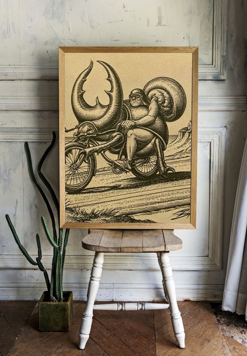 Surreal Snail Rider Vintage Print. — room view 1