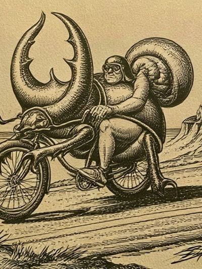 Surreal Snail Rider Vintage Print. poster