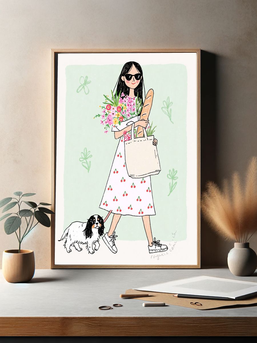 Fashion Girl and Dog Illustration Poster. — room view 2