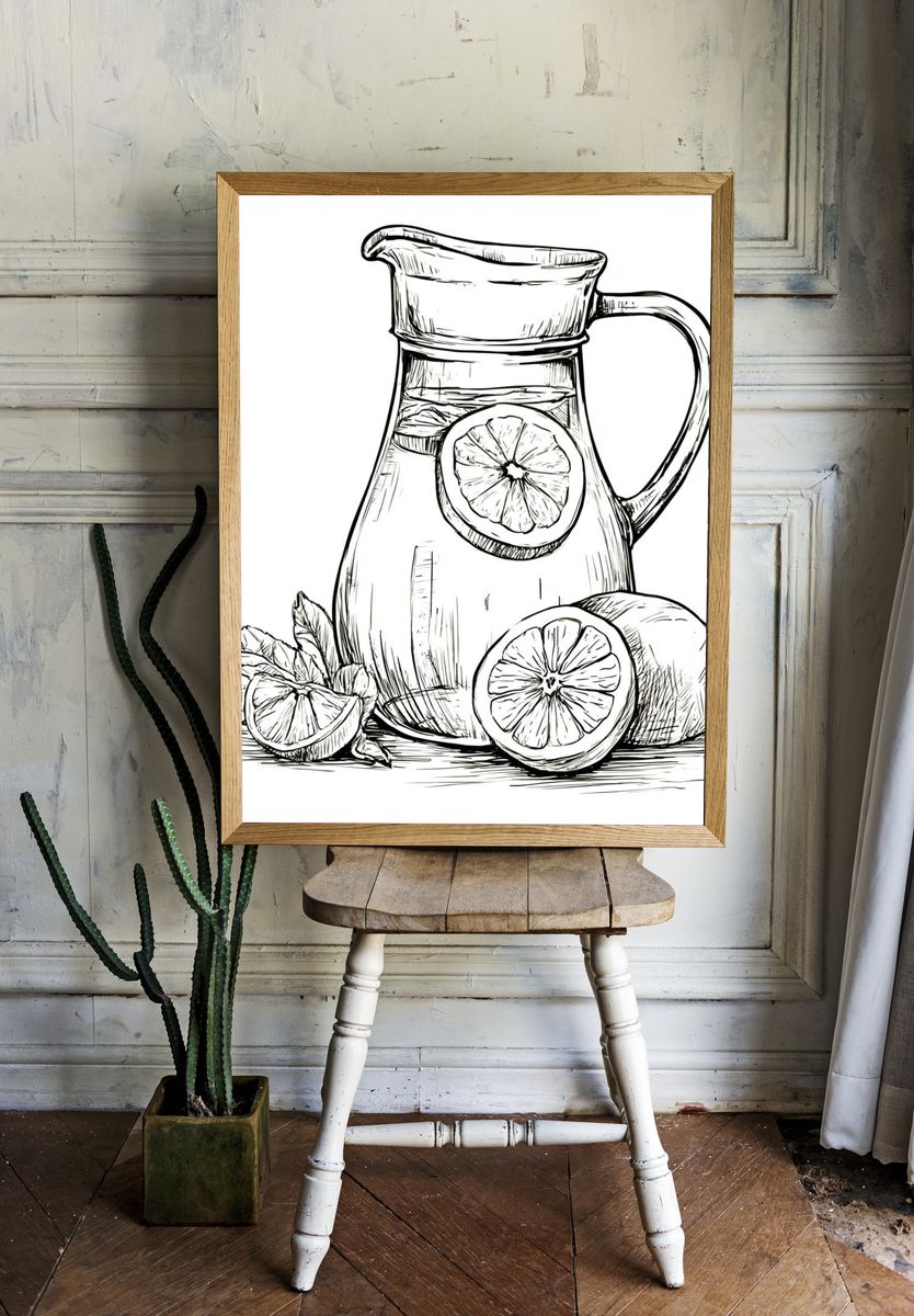 Lemon Pitcher Still Life Print. room preview