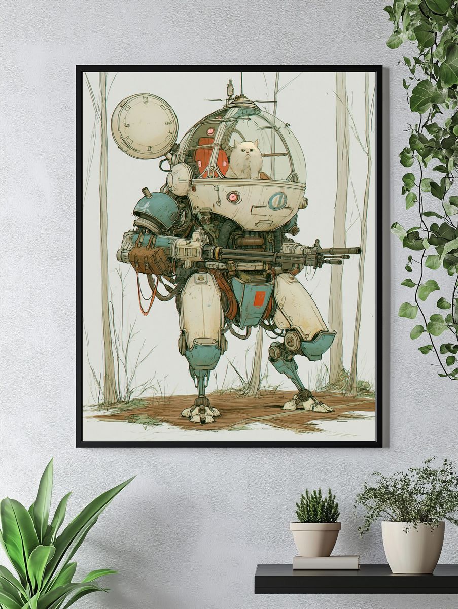Armored Cat Mech Illustration Poster. — room view 4