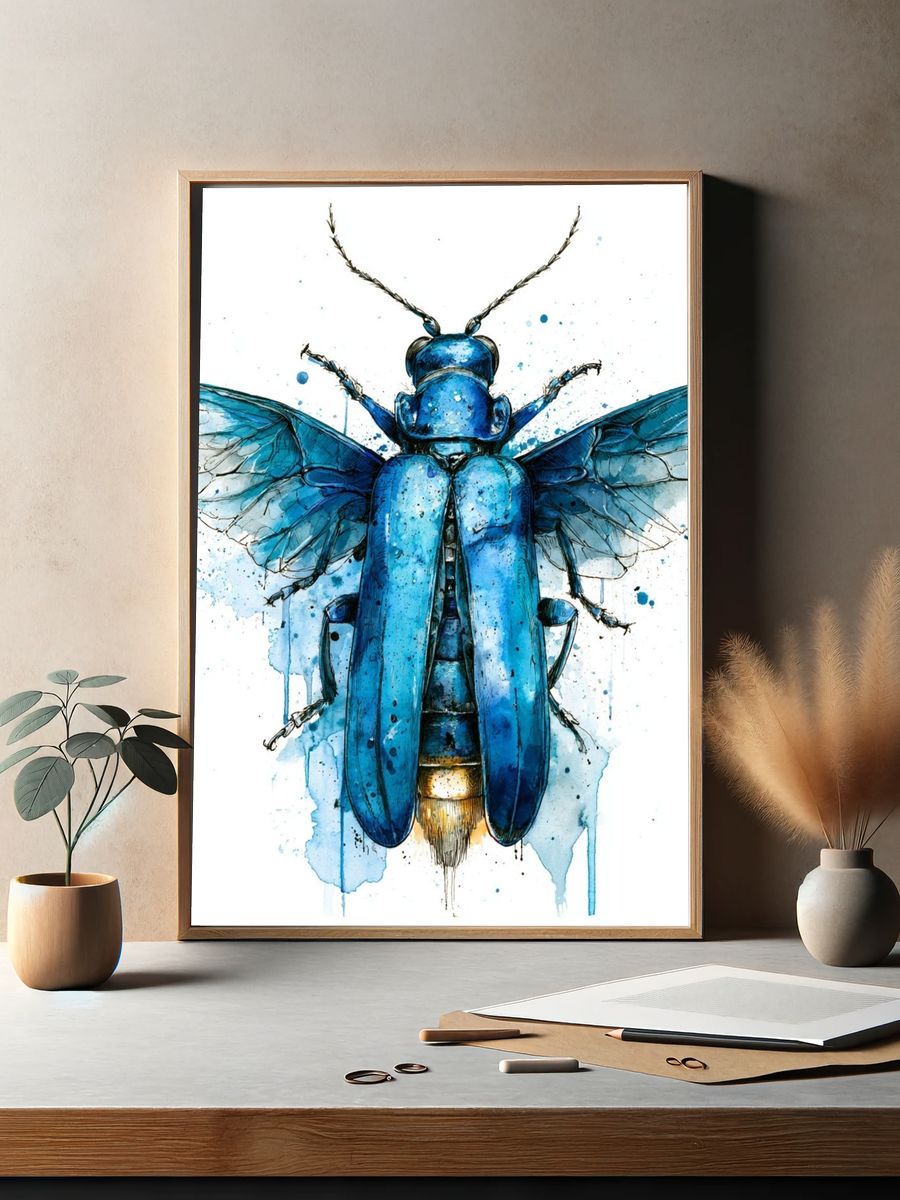 Blue Beetle Watercolor Print. — room view 2