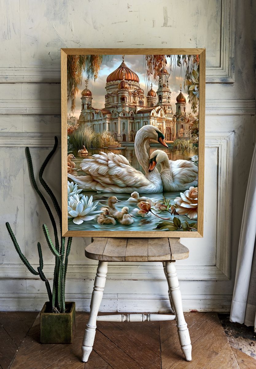 Swan Lake Temple Illustration Poster. room preview