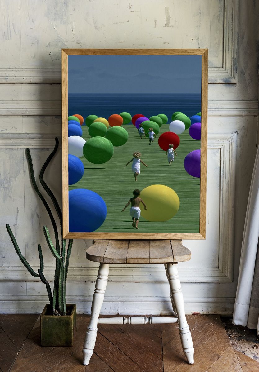 Surreal Children and Spheres Print. — room view 1