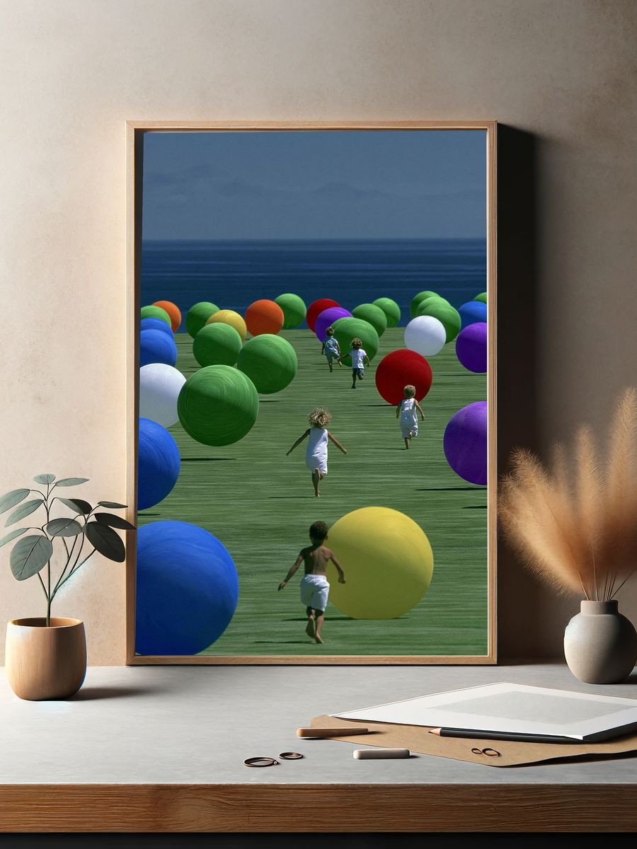 Surreal Children and Spheres Print. — room view 2