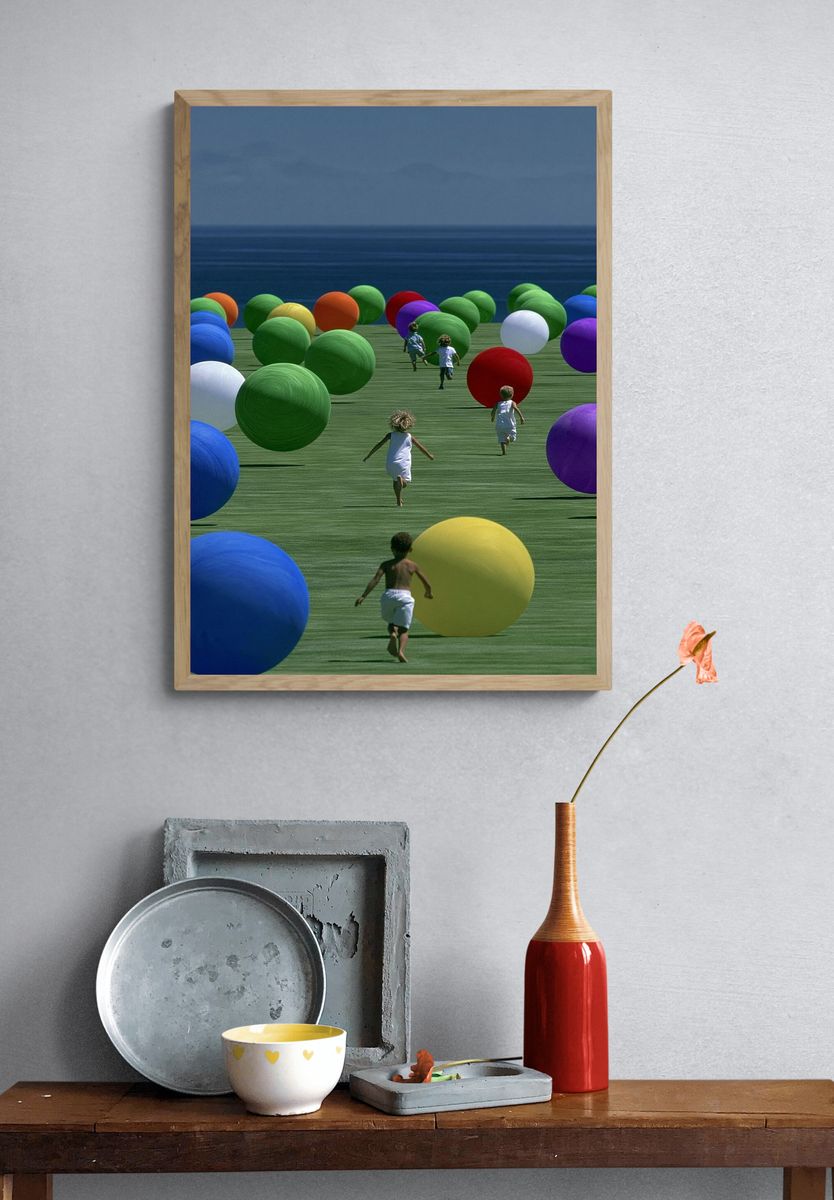 Surreal Children and Spheres Print. — room view 3