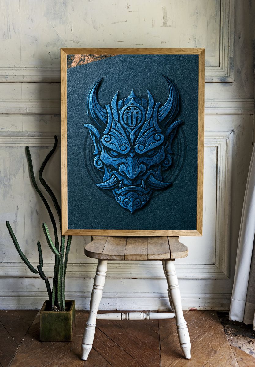 Blue Tribal Mask Illustration Poster. — room view 1