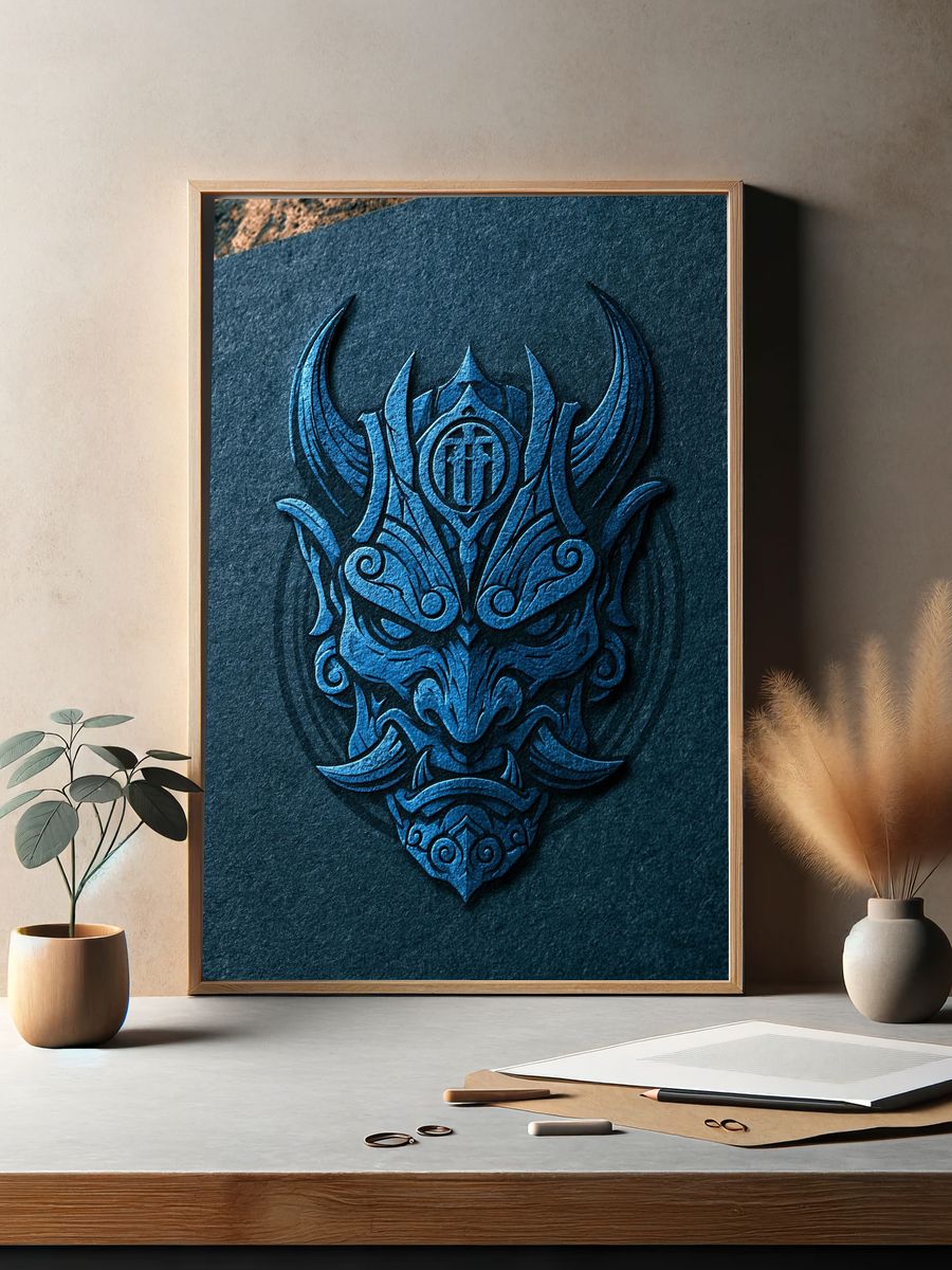 Blue Tribal Mask Illustration Poster. — room view 2