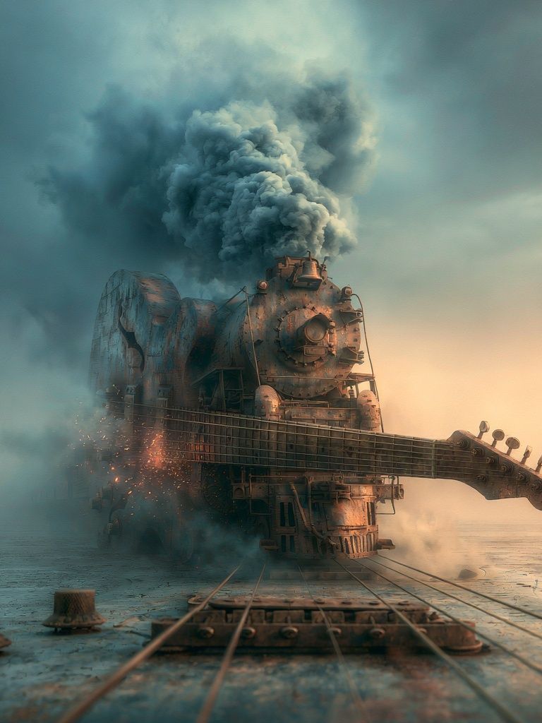 Steam Train Guitar Surrealism Print. poster detail