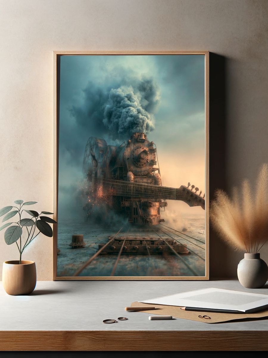 Steam Train Guitar Surrealism Print. — room view 2
