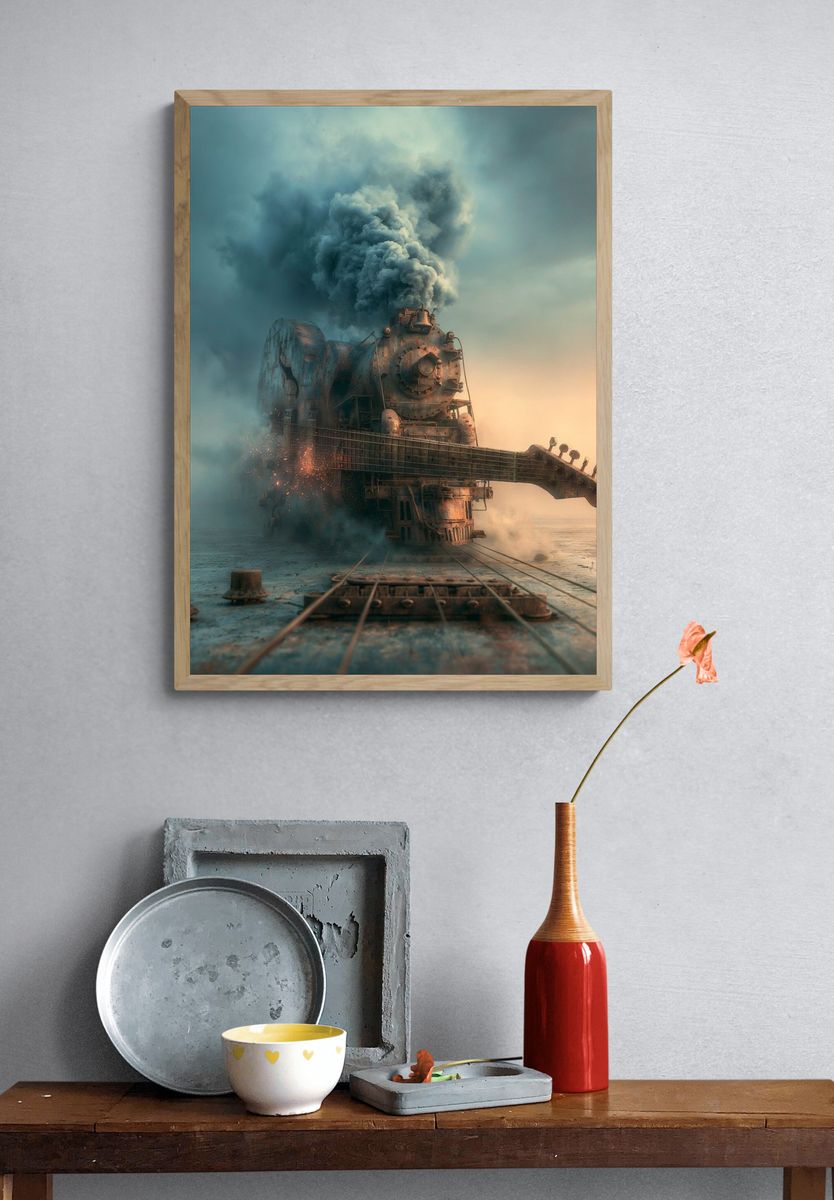 Steam Train Guitar Surrealism Print. — room view 3