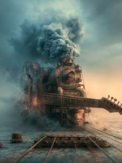 Steam Train Guitar Surrealism Print. poster