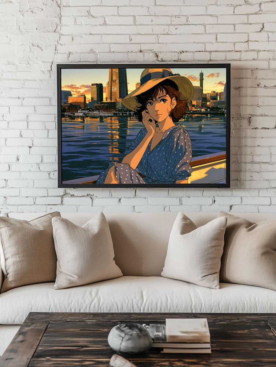 Sunset Harbor Girl Illustration Poster. — room view 1