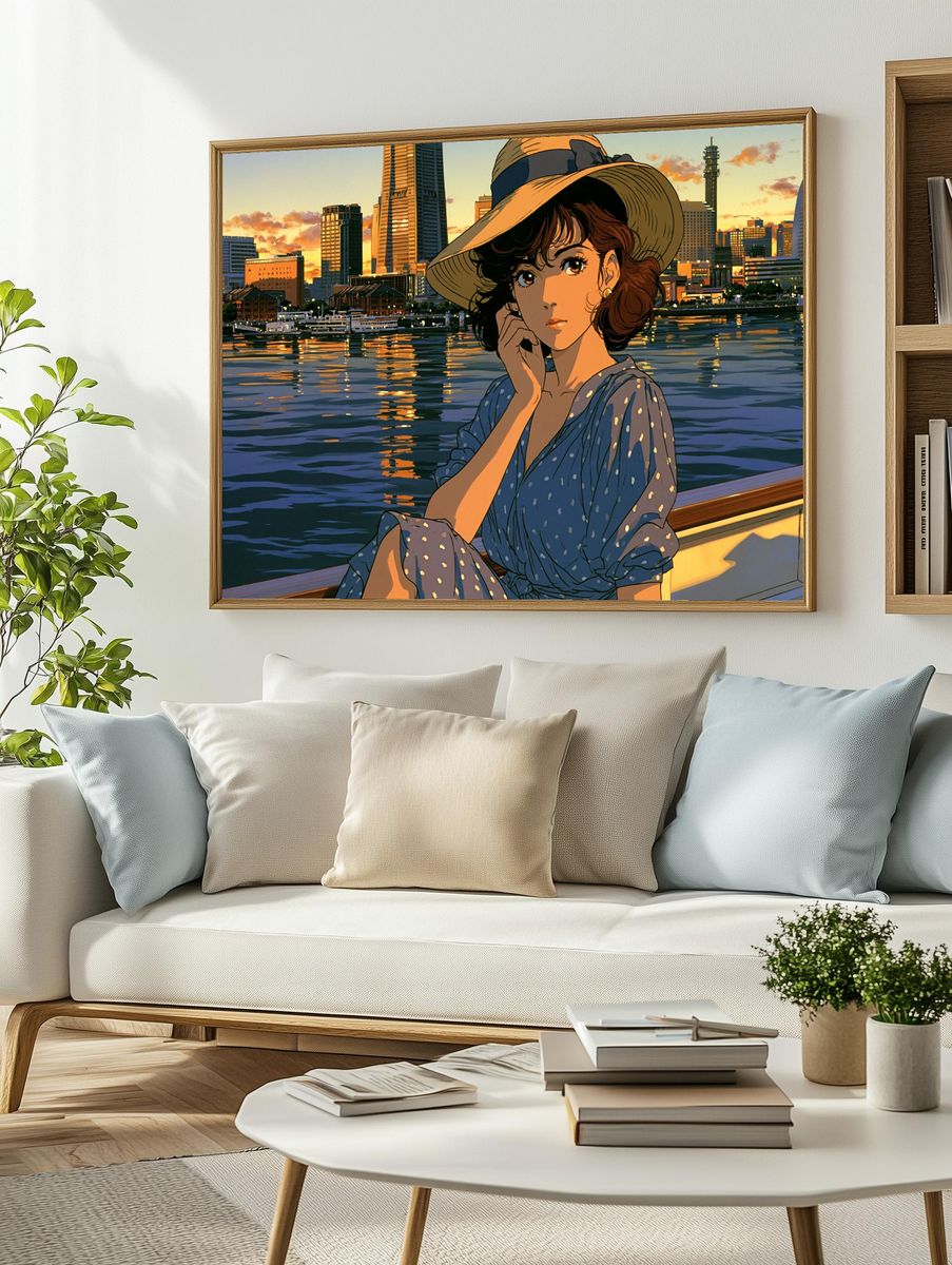 Sunset Harbor Girl Illustration Poster. — room view 2