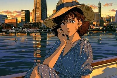 Sunset Harbor Girl Illustration Poster. poster