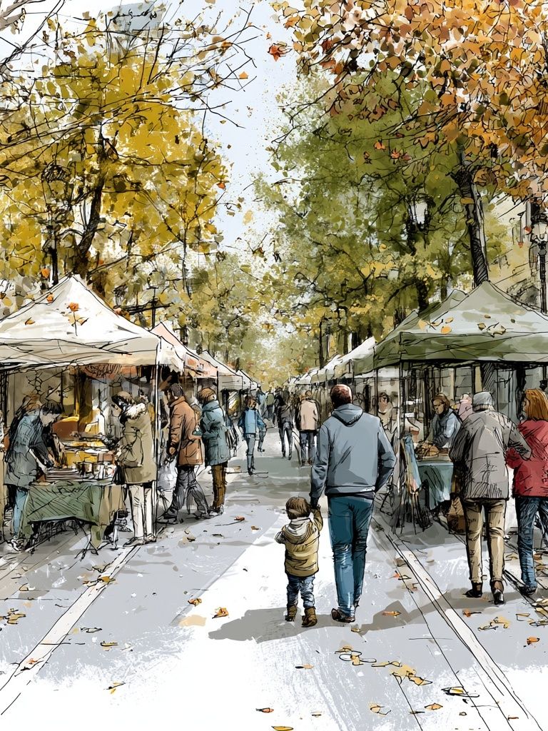 Autumn Market Street Illustration Poster. poster — illustration art