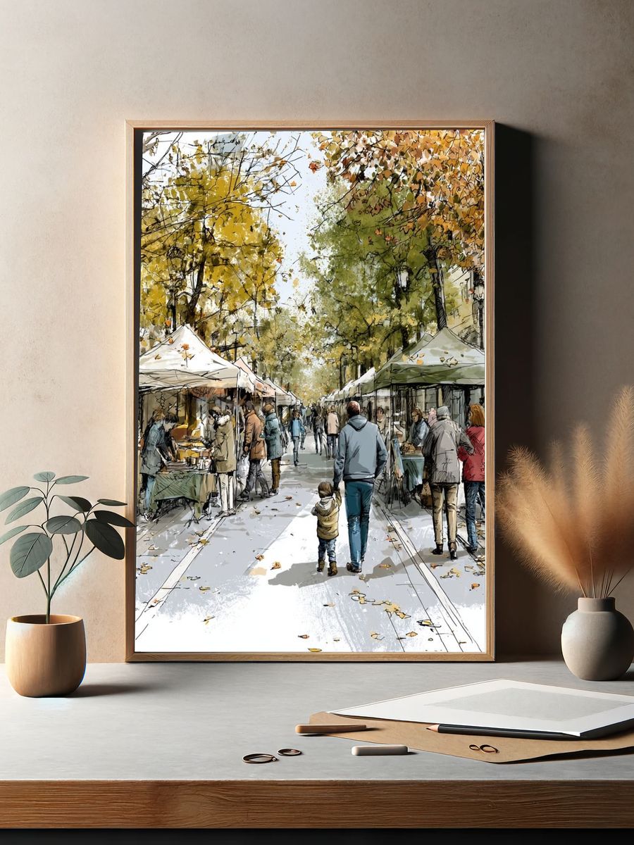 Autumn Market Street Illustration Poster. — room view 2