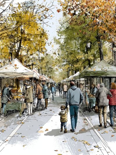 Autumn Market Street Illustration Poster.
