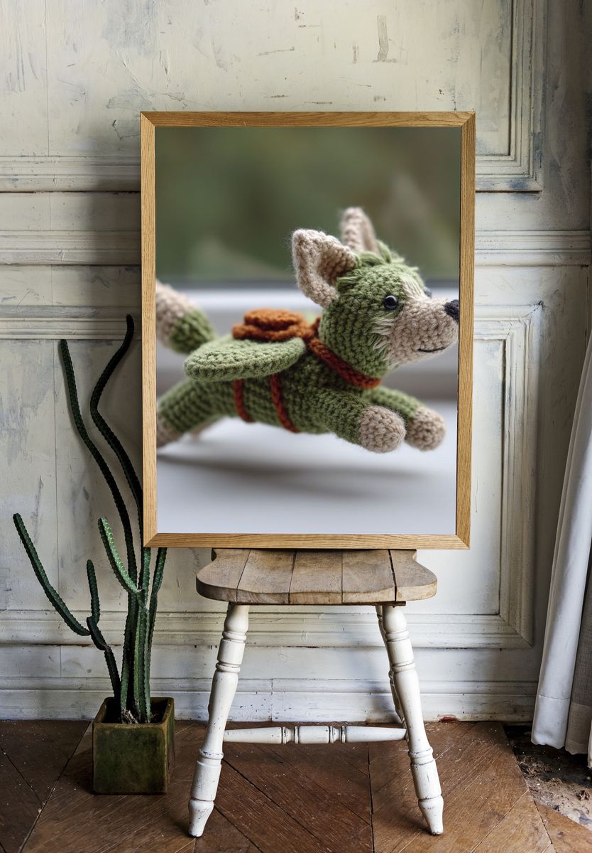 Crocheted Flying Dog Illustration Print. — room view 1