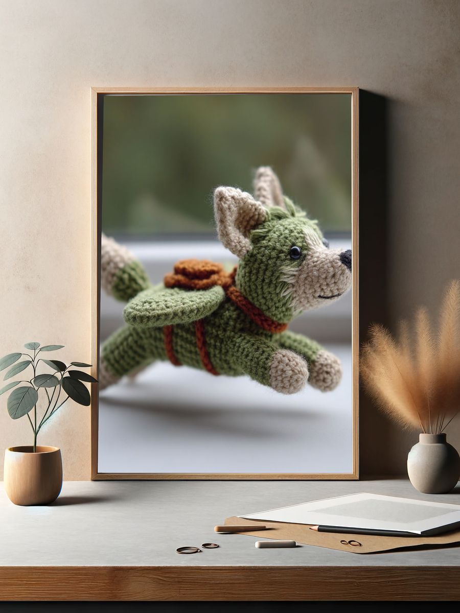 Crocheted Flying Dog Illustration Print. — room view 2