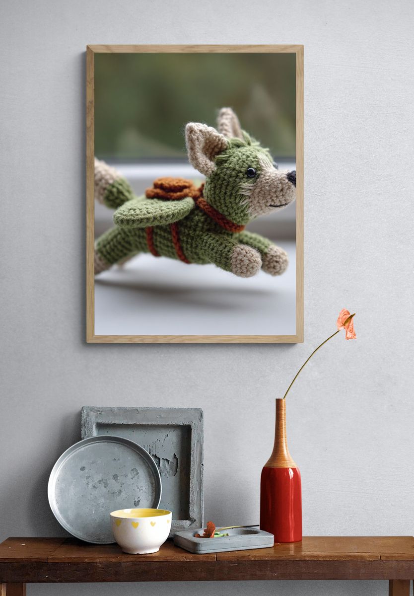 Crocheted Flying Dog Illustration Print. — room view 3