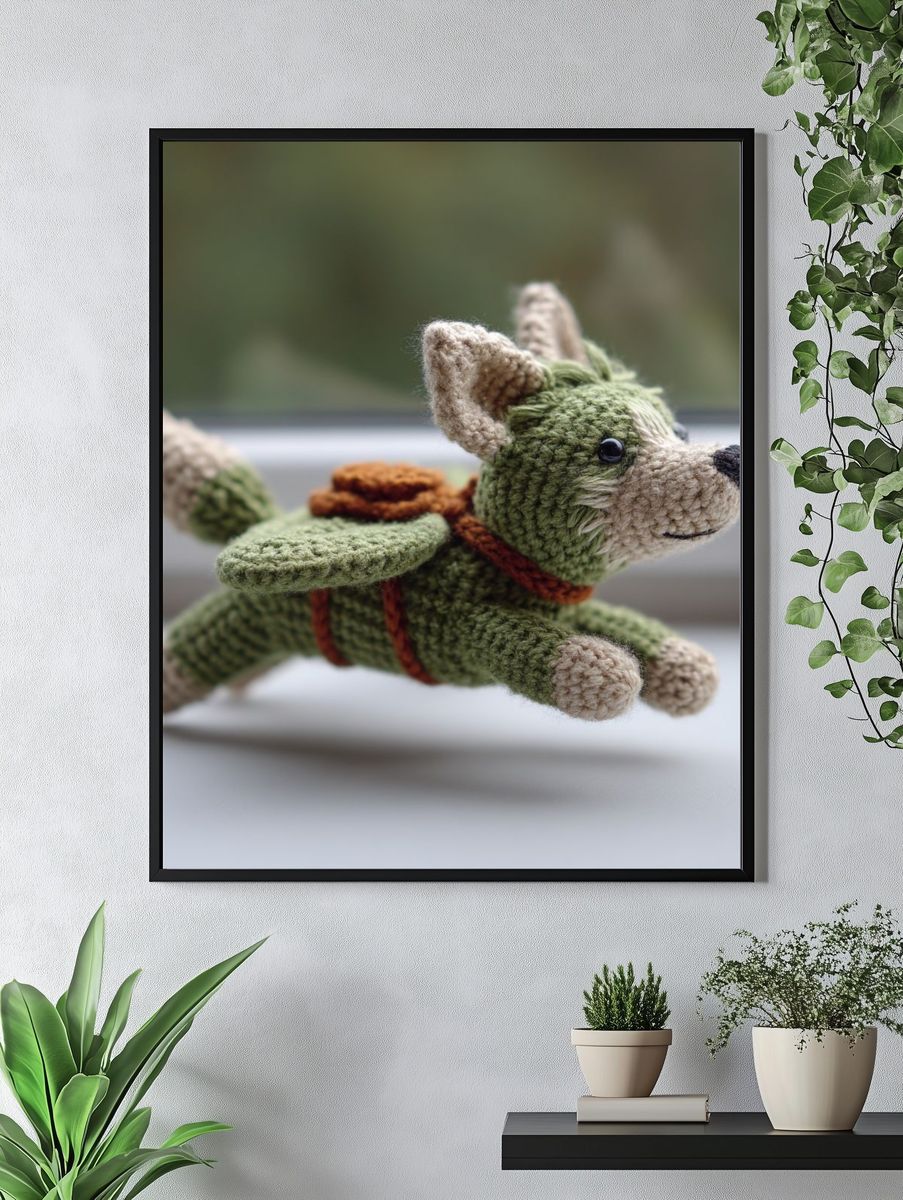 Crocheted Flying Dog Illustration Print. — room view 4