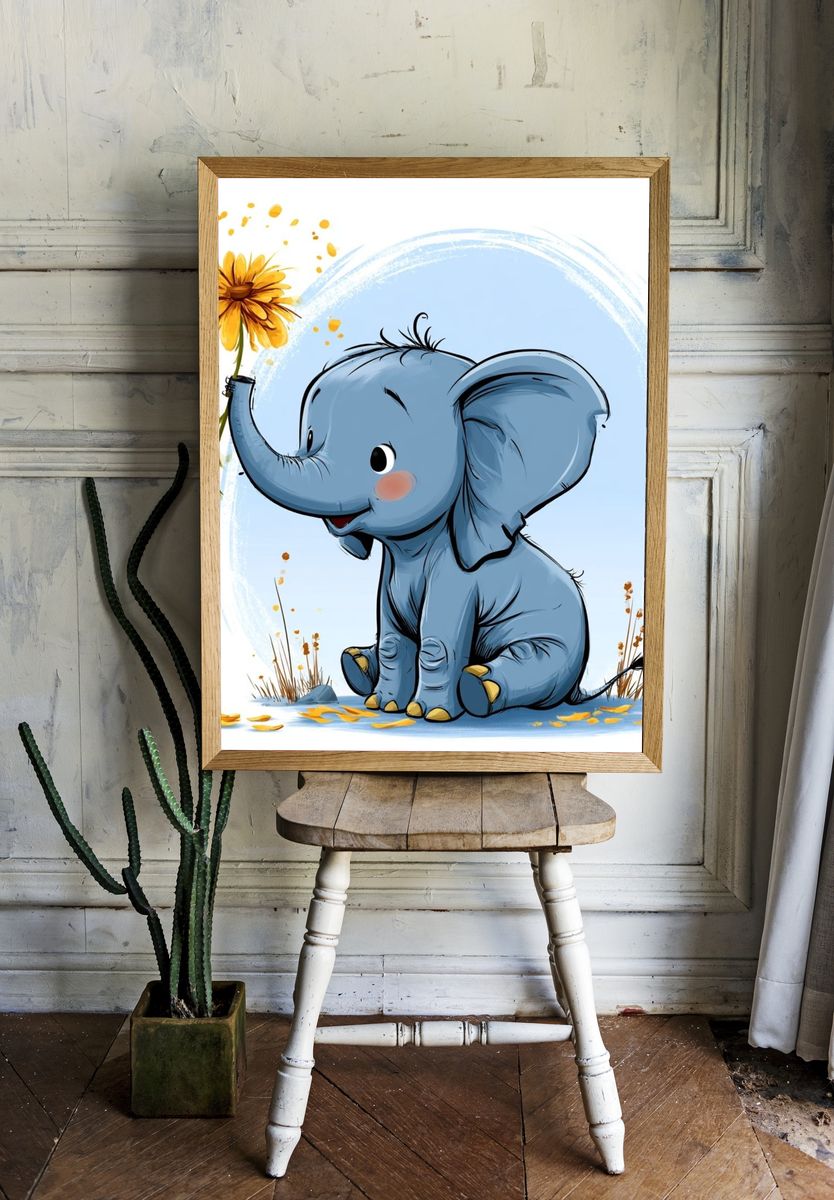 Baby Elephant with Flower Illustration Poster. room preview