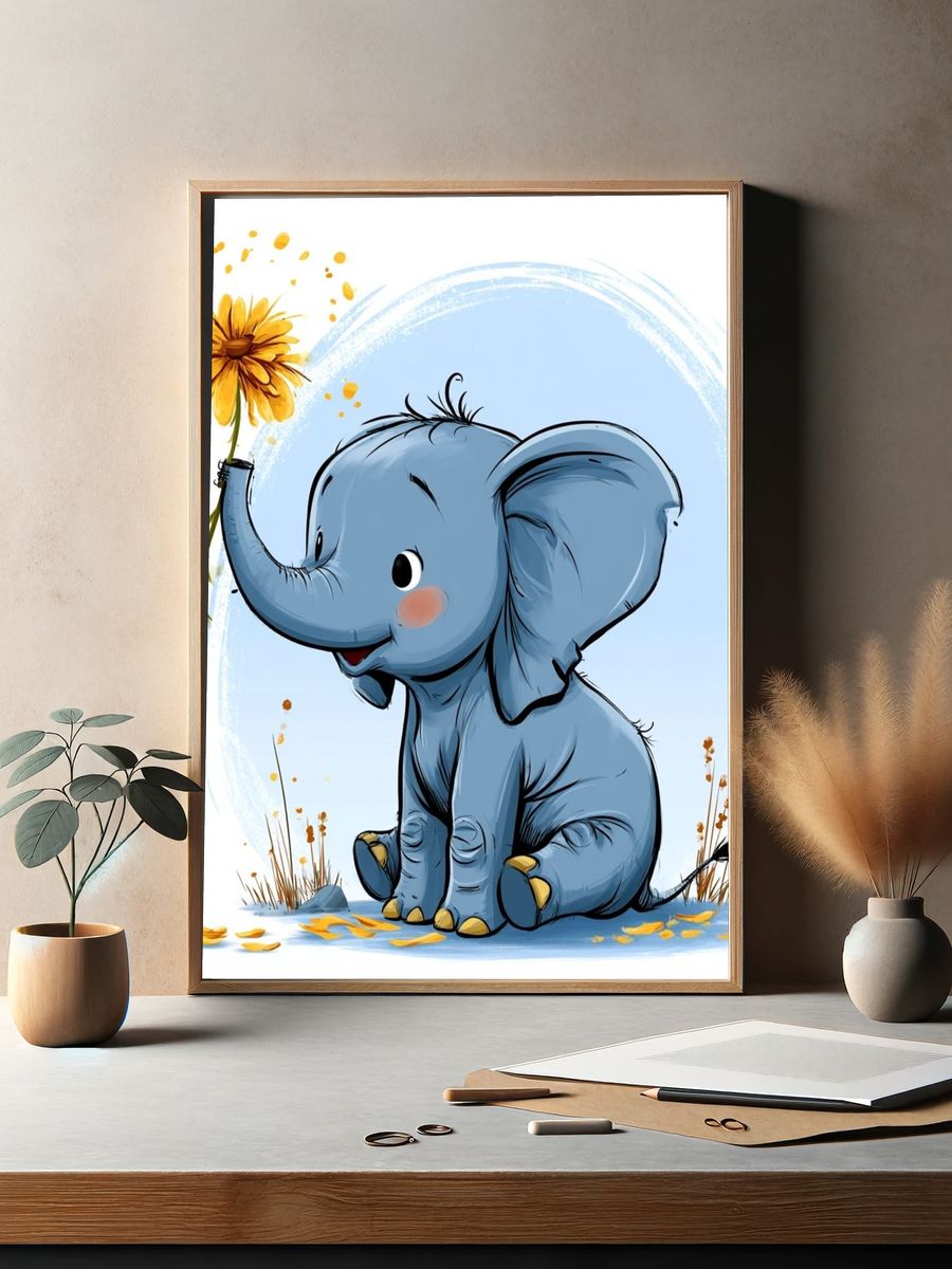 Baby Elephant with Flower Illustration Poster. — room view 2