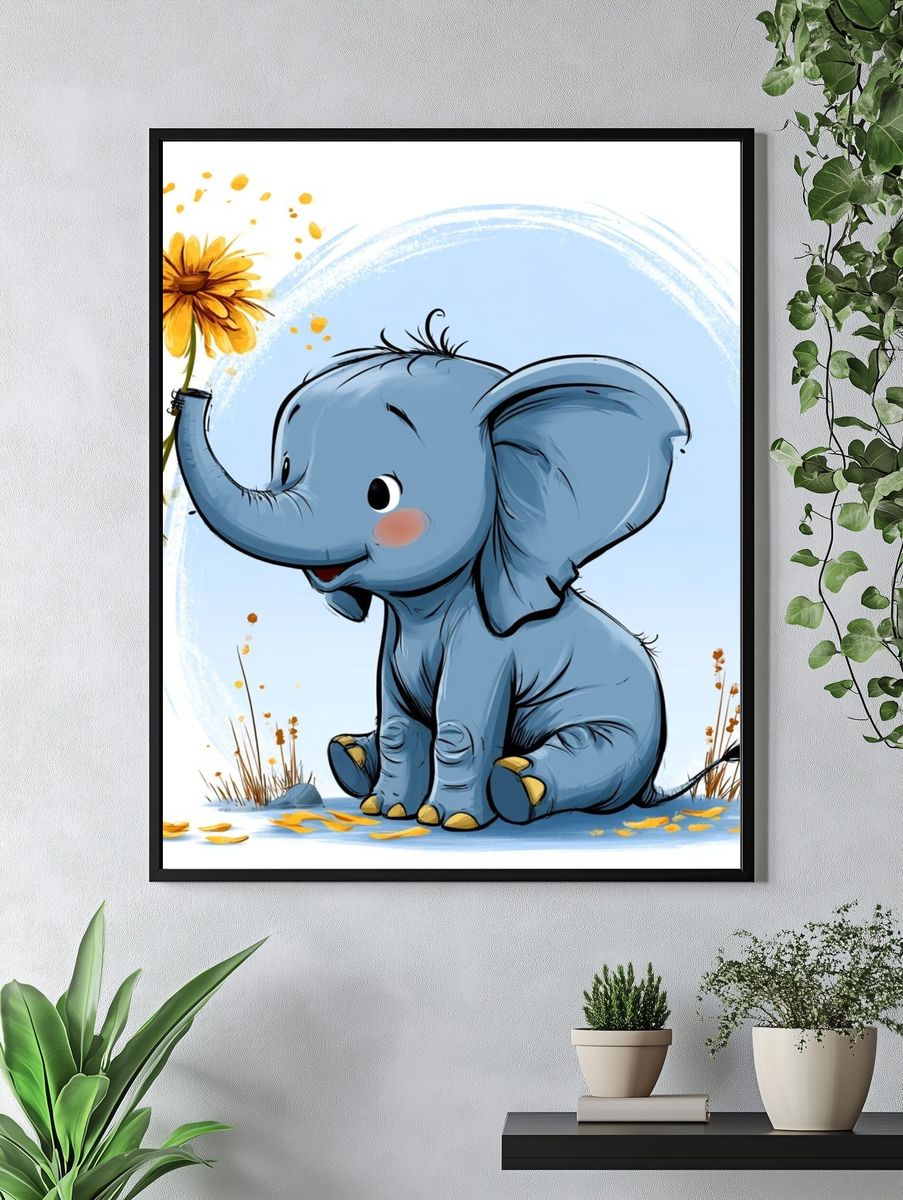 Baby Elephant with Flower Illustration Poster. — room view 4