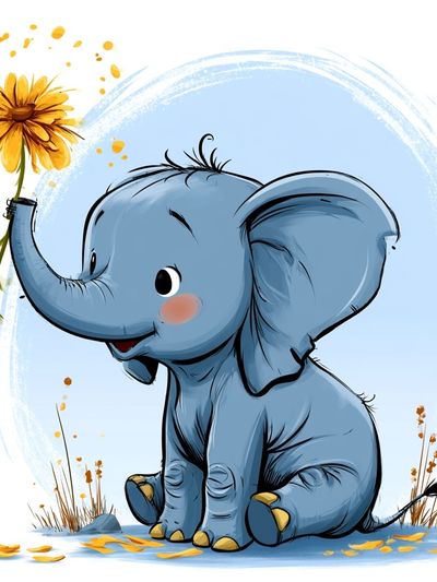 Baby Elephant with Flower Illustration Poster.