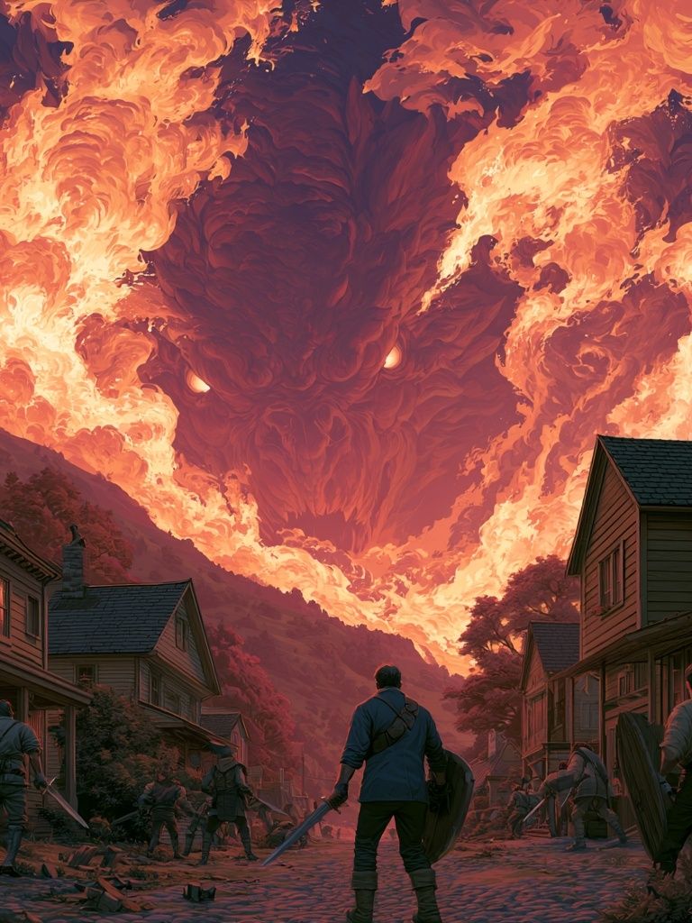Infernal Dragon Village Fantasy Poster. poster — illustration art