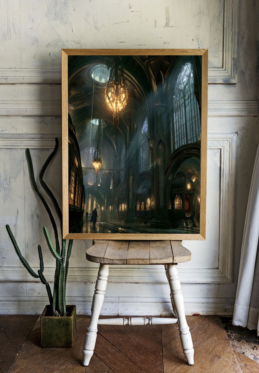 Gothic Cathedral Hallway Fantasy Print. room preview