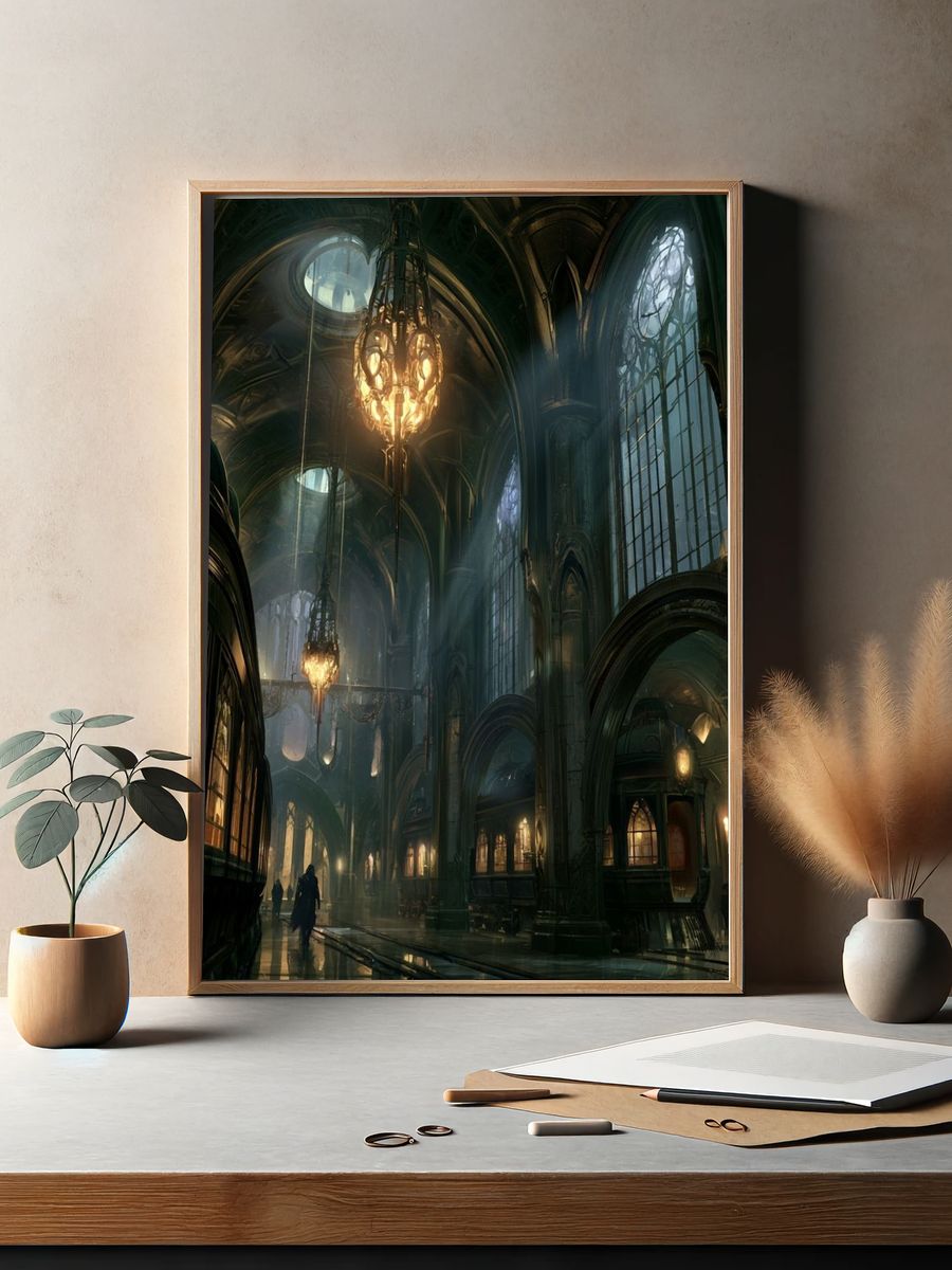 Gothic Cathedral Hallway Fantasy Print. — room view 2