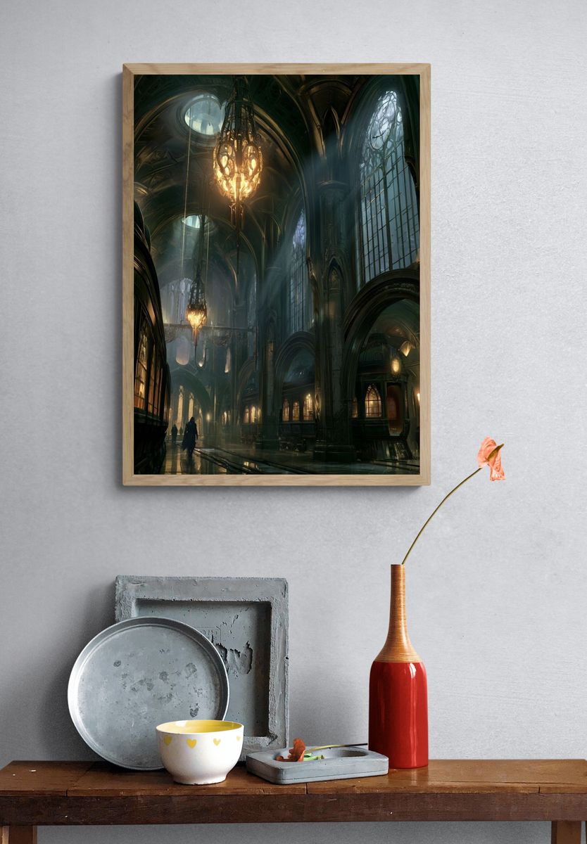 Gothic Cathedral Hallway Fantasy Print. — room view 3