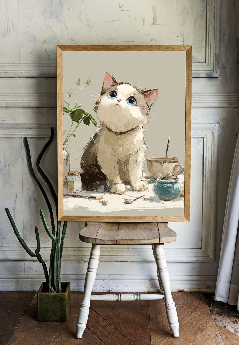 Curious Cat Still Life Illustration Poster. — room view 1
