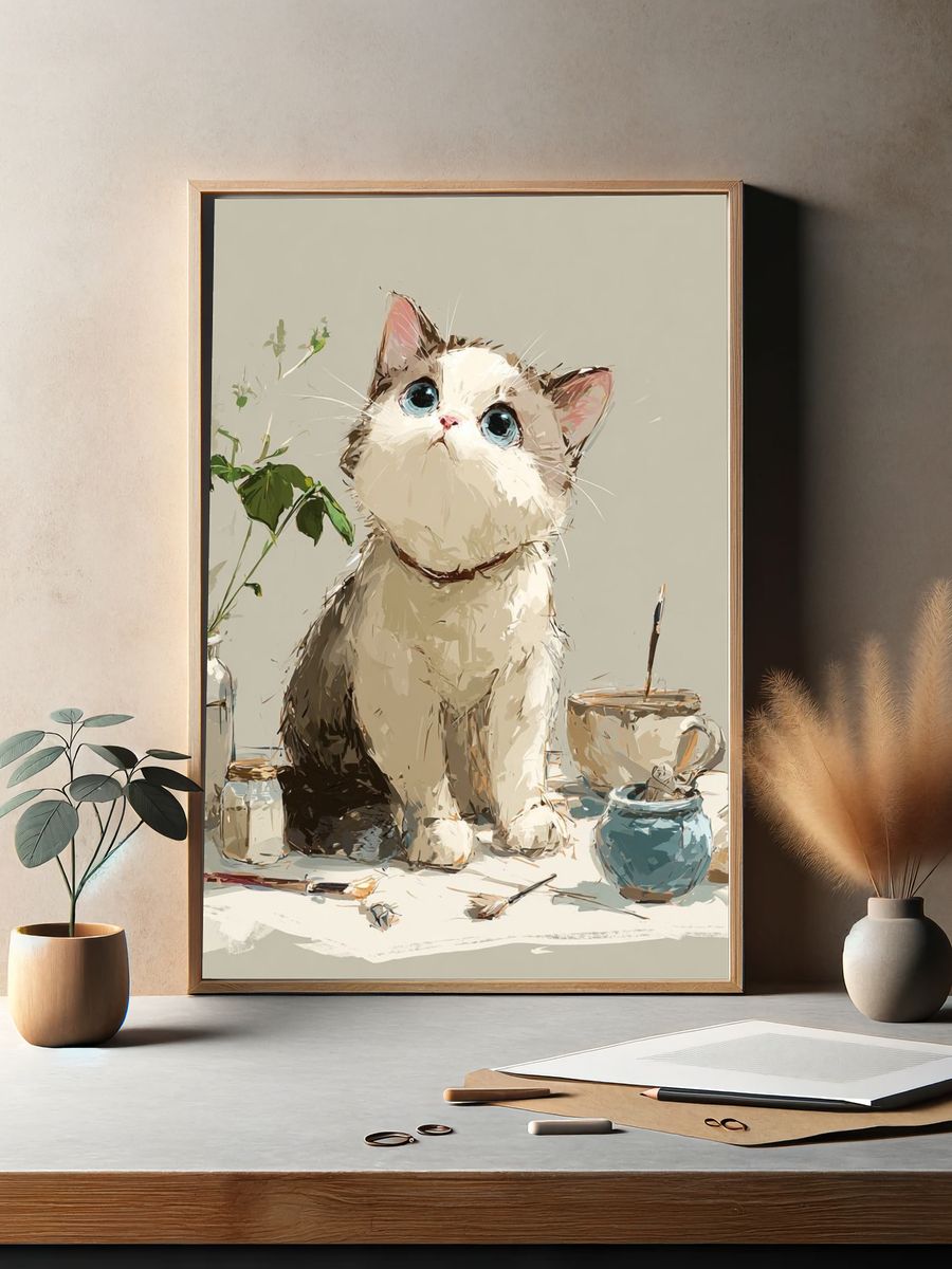 Curious Cat Still Life Illustration Poster. — room view 2