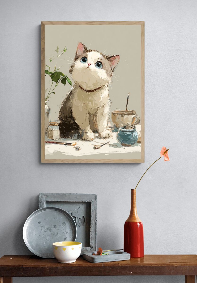 Curious Cat Still Life Illustration Poster. — room view 3