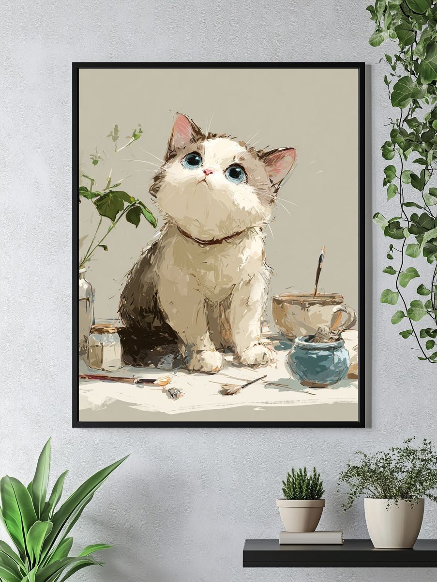 Curious Cat Still Life Illustration Poster. — room view 4