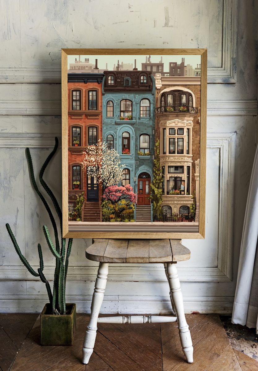 Colorful Brownstone Rowhouses Illustration Poster. room preview