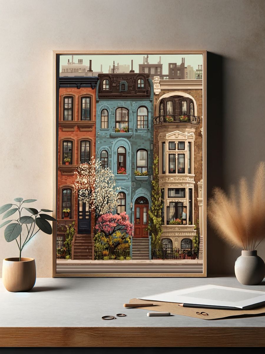 Colorful Brownstone Rowhouses Illustration Poster. — room view 2