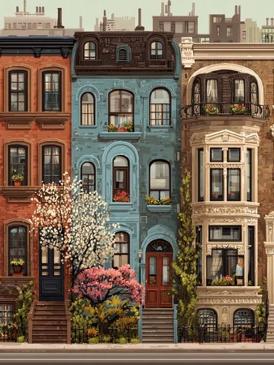 Colorful Brownstone Rowhouses Illustration Poster.