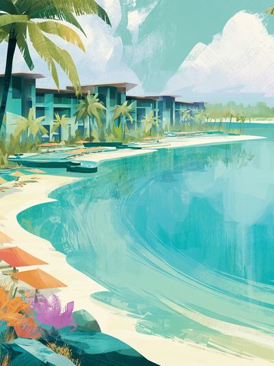 Tropical Lagoon Resort Illustration Poster.