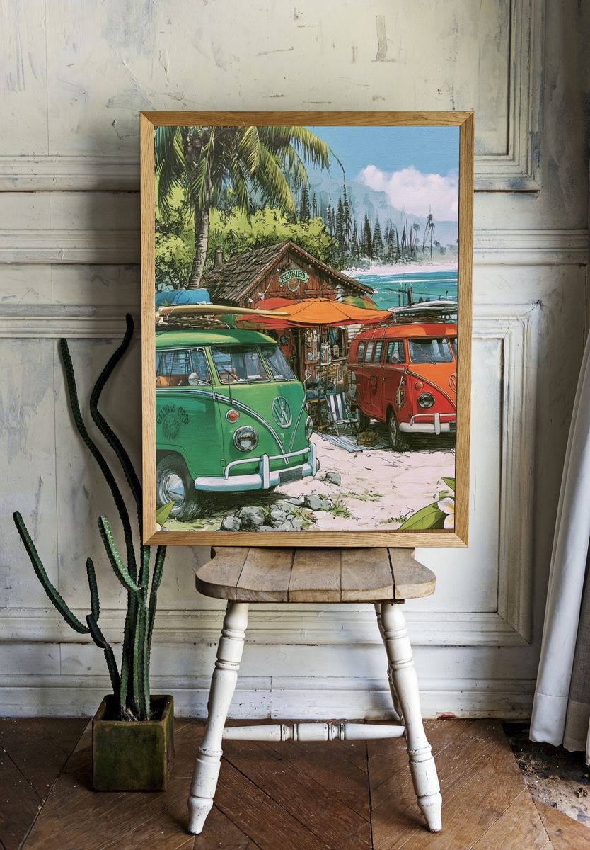 Tropical Surf Vans Illustration Poster. room preview