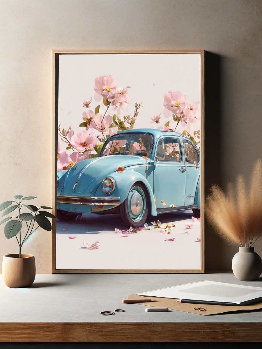 Blue Beetle Floral Illustration Poster. — room view 2