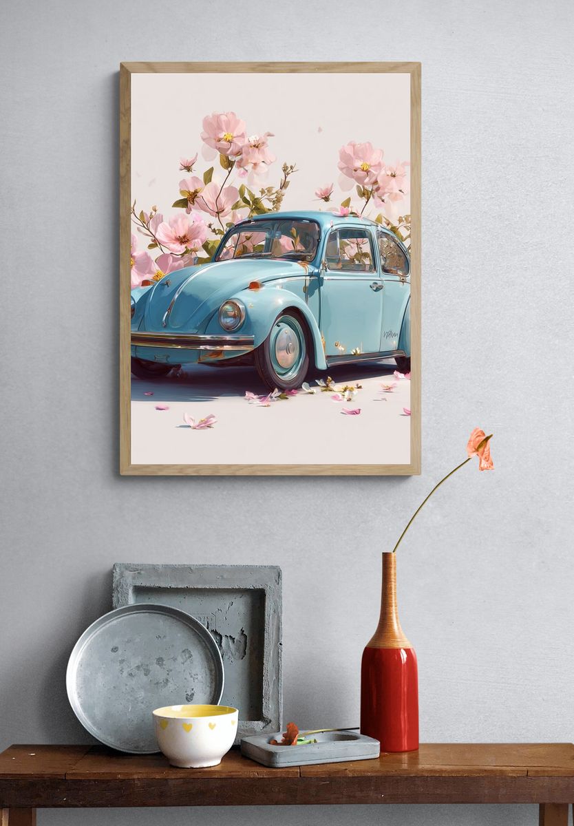 Blue Beetle Floral Illustration Poster. — room view 3
