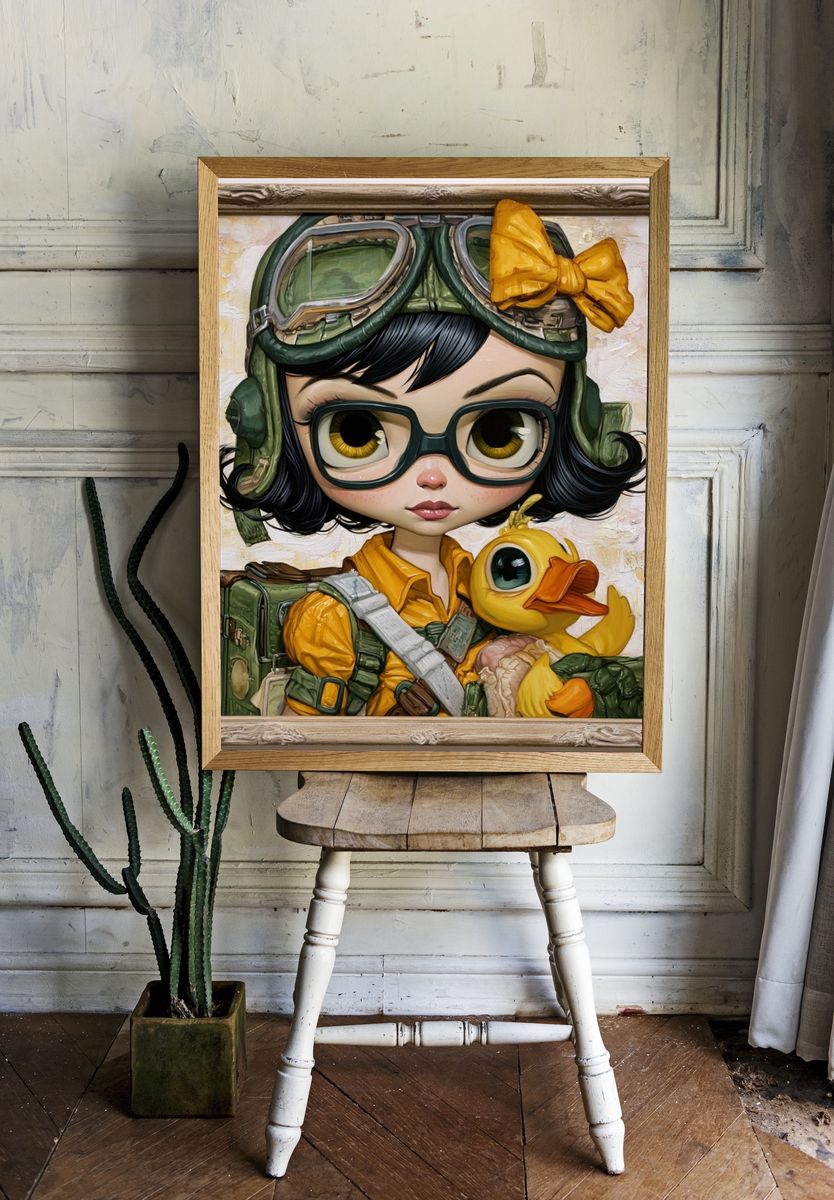 Aviator Girl with Duck Illustration Poster. room preview