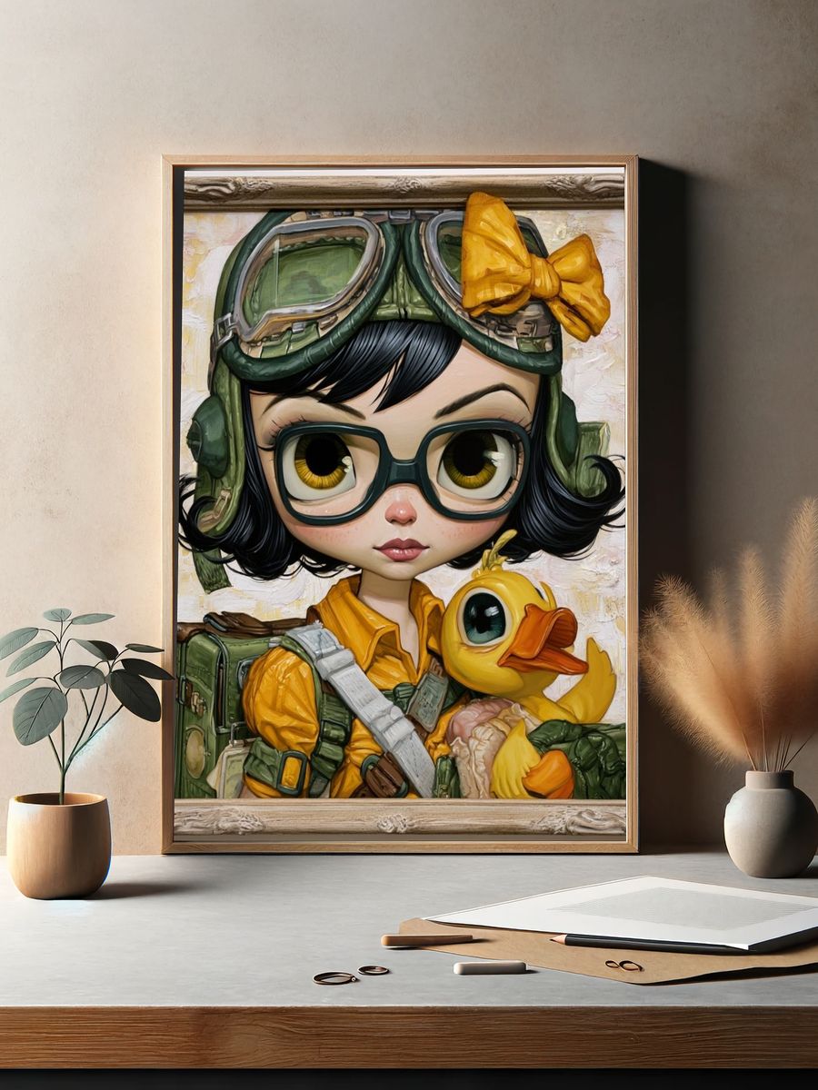 Aviator Girl with Duck Illustration Poster. — room view 2