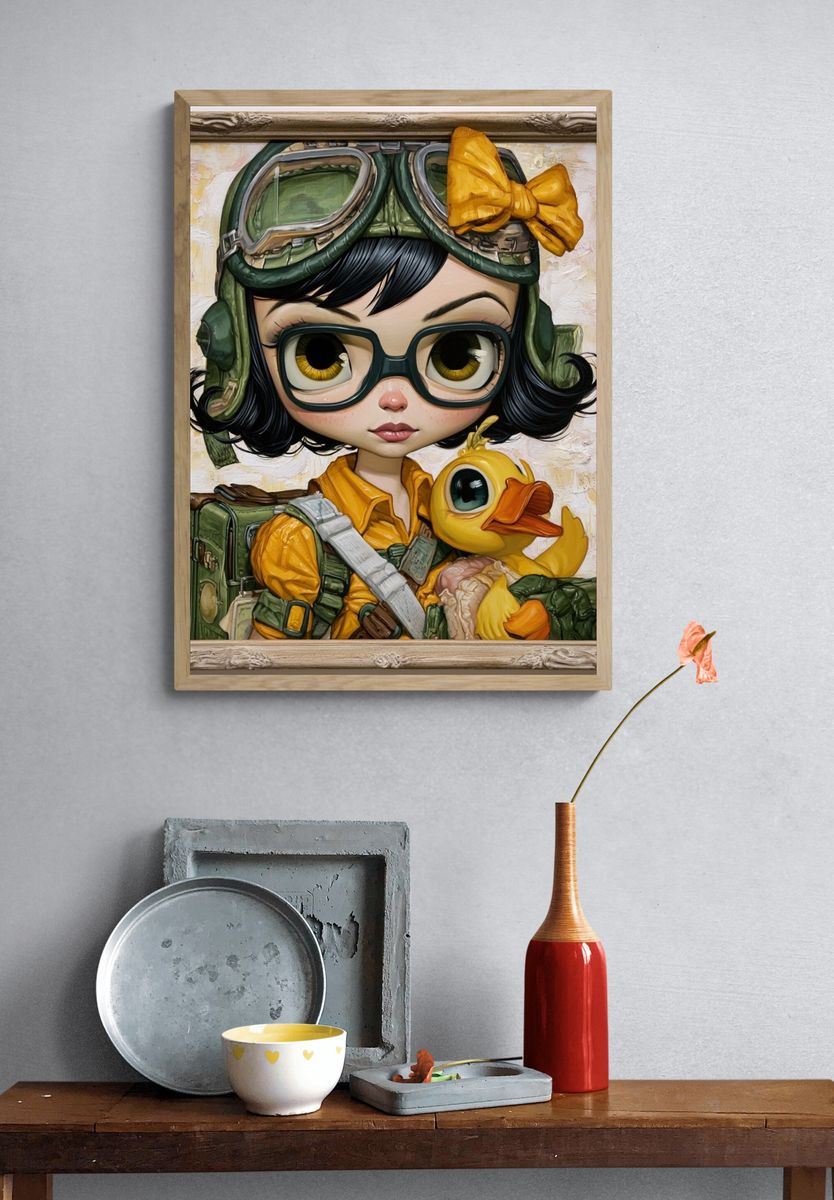 Aviator Girl with Duck Illustration Poster. — room view 3